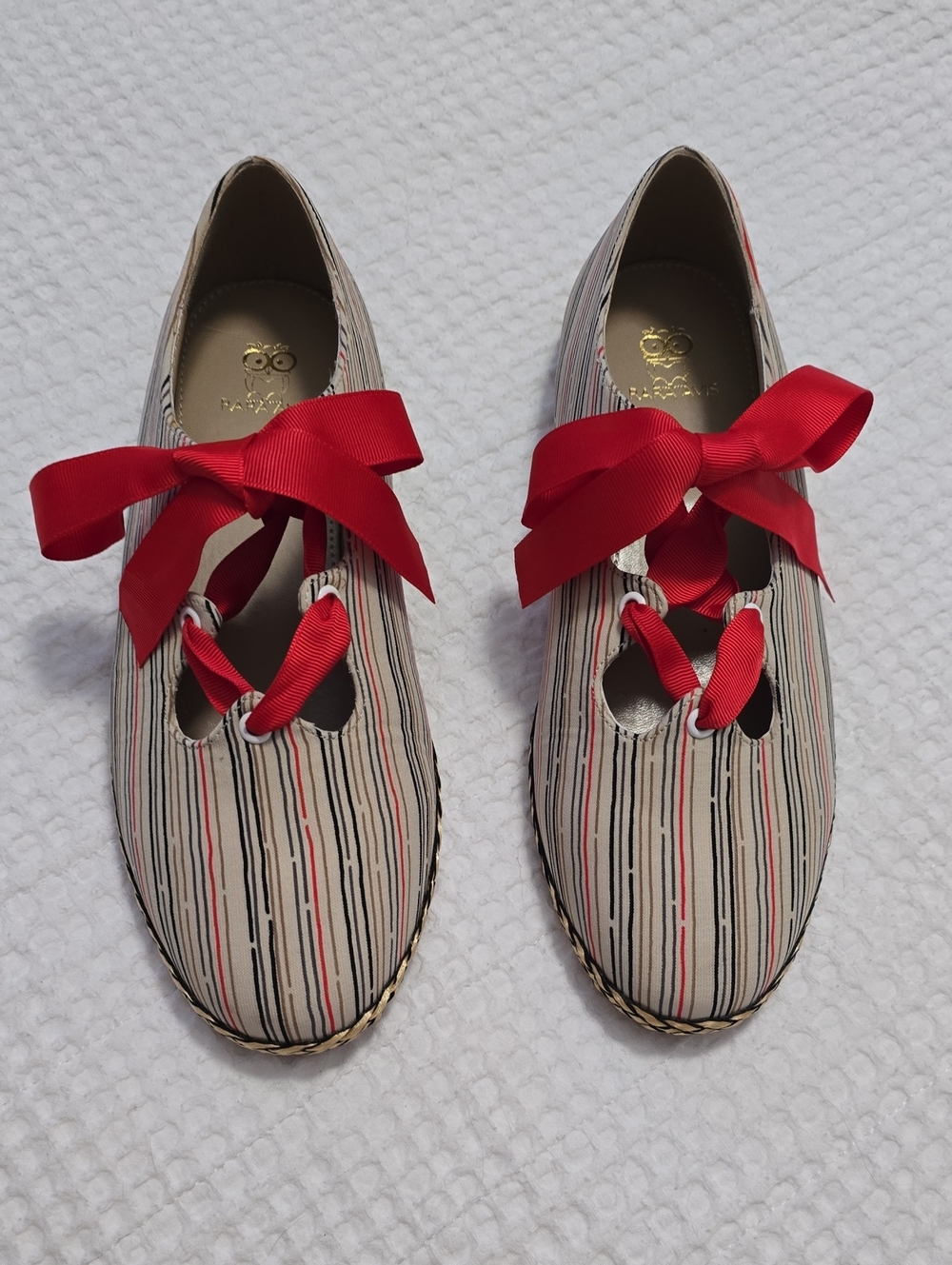 Rara Avis Striped Ribbon Tie Flats in Cream and Red Size 8